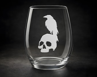 Crow Skull Wine Glass — Engraved Gothic Barware — Witchcraft Supplies — Halloween Wine Glass -Mothers Day Gift