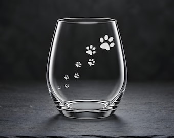 Dog Paw Print Trail Etched Stemless Wine Glass, Personalized — Pint, Champagne Flute, Shot Set