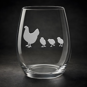 Sandblasted Mother Hen and Chicks Glassware: Etched Wine, Pint, Champagne, Shot Glass