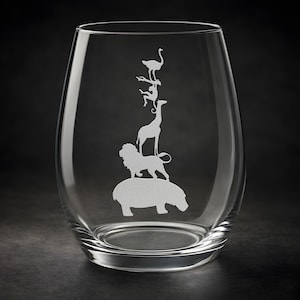 Sandblasted Stacked Jungle Animals Glassware: Etched Wine, Pint, Champagne, Shot Glass