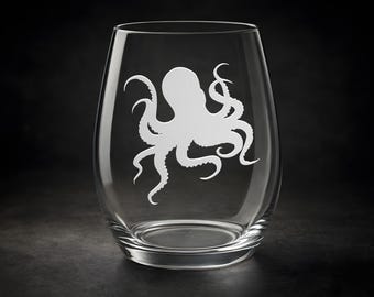 Octopus Wine Glass — Hand Sandblasted Etched Stemless — Kraken Aquarium Decor Ocean Gift — Fathers Day Gift Whiskey Glass