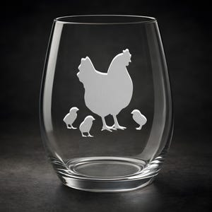 Sandblasted Momma Hen and Chicks Glassware: Etched Wine, Pint, Champagne, Shot Glass