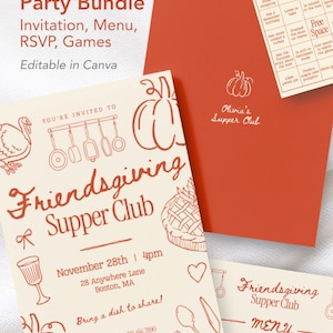 May include: A Friendsgiving party bundle featuring an invitation, menu, and game card. The cream-coloured invitation displays orange line drawings of a turkey, pumpkin, pie, and kitchen utensils with the text Friendsgiving Supper Club, November 28th, 4pm.