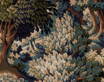 May include: A tapestry featuring a forest scene with trees in shades of green, blue, and brown. The trees are depicted in a stylized, almost abstract way, with their branches and leaves forming intricate patterns.