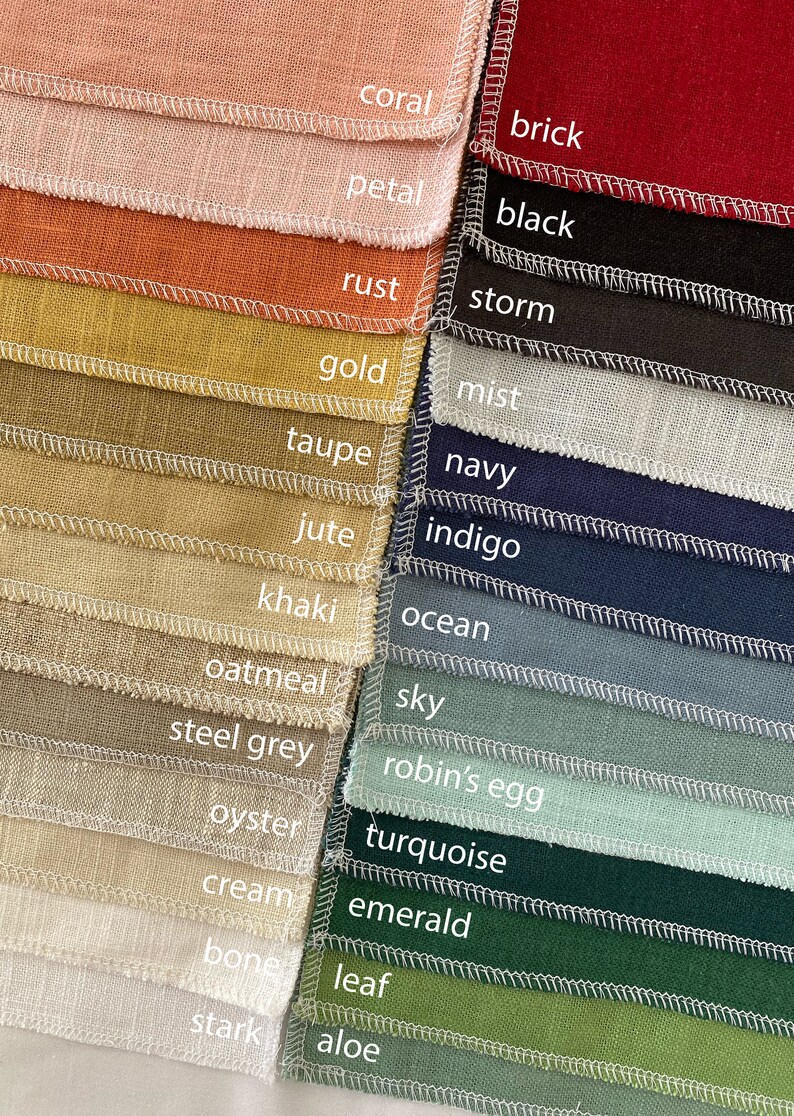 May include: A swatch card with 20 different fabric samples, each with a name label. The colors range from coral to aloe.