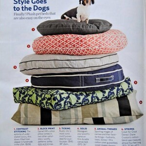 May include: A stack of six different dog beds in various colors and patterns, including stripes, ticking, and animal prints. The beds are made of plush fabrics and are designed to be comfortable for dogs. The text "Style Goes to the Dogs" is visible at the top of the image.