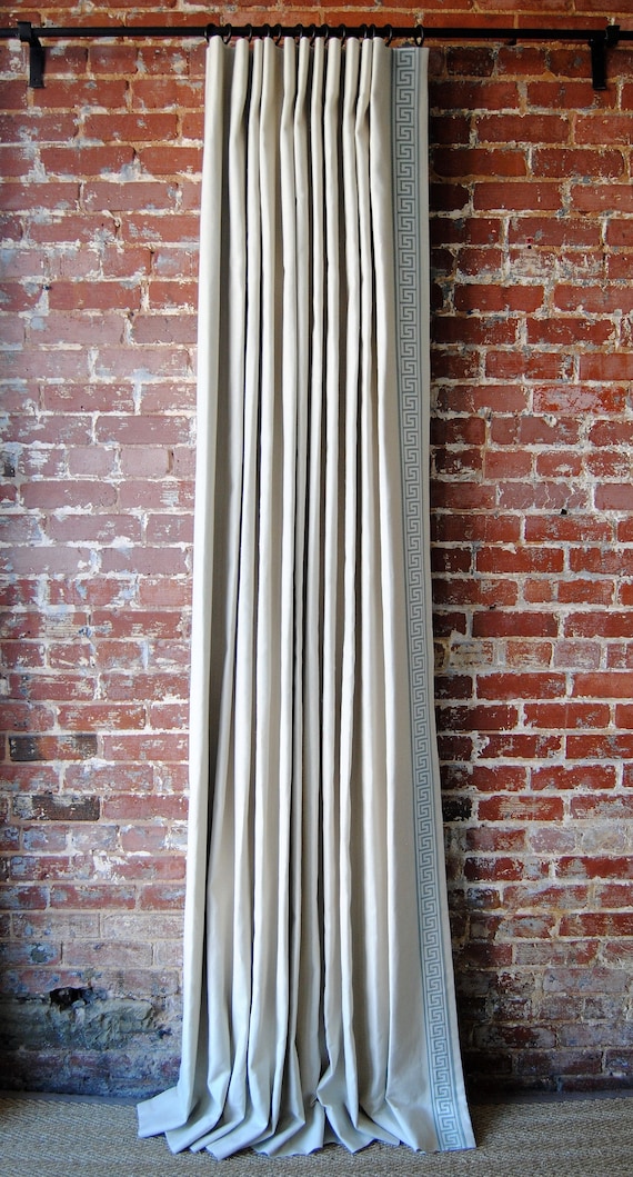 109" - 120"L Greek Key Panel - Solid Linen with Greek Key Tape Trim - Extra Long Curtains - Choose from 28 Colors - Blackout Lined