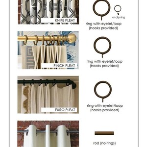 May include: Diagram showing different curtain pleat styles with corresponding hardware options. Knife pleat, pinch pleat, euro pleat, and grommet curtain styles are shown with their recommended hardware: ring with eyelet/loop (hooks provided), rod (no rings).