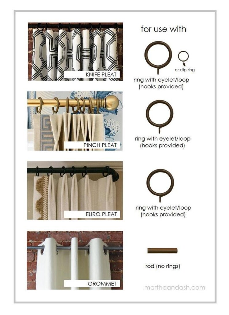 May include: Diagram showing different curtain pleat styles with corresponding hardware options. Knife pleat, pinch pleat, euro pleat, and grommet curtain styles are shown with their recommended hardware: ring with eyelet/loop (hooks provided), rod (no rings).