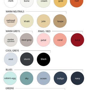 May include: A chart showing linen color options for a home decor brand called Martha and Ash. The chart is divided into categories: Whites, Warm Neutrals, Warm Greys, Cool Greys, Blues, Greens, Yellow/Orange, and Pinks/Red. Each category has five color swatches with the color name listed below each swatch.