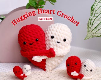 May include: A crochet pattern for a hugging heart design. The image shows a large red and white heart hugging, with smaller versions of the same design. The text "Hugging Heart Crochet PATTERN" is displayed in red, arching across the top.