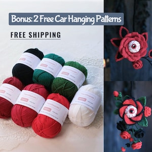 May include: A collection of yarn skeins in various colors, including black, green, red, and white, with labels. The image also features two crochet rose designs with an eye in the center, perfect for Halloween or gothic-themed crafts.