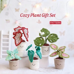 Puede incluir: Un Cozy Plant Gift Set con cinco plantas de ganchillo en macetas sonrientes. Las plantas tienen varias formas y colores de hojas, incluyendo verde, rojo y rosa. Se muestra el texto "Cozy Plant Gift Set" y "PATTERN".