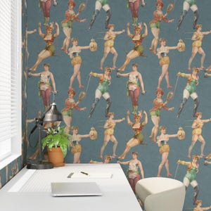 Eclectic & Quirky Vintage Victorian Ladies Workout Wallpaper In Dusty Pastel Blue and Warm Pastel Earth Tones