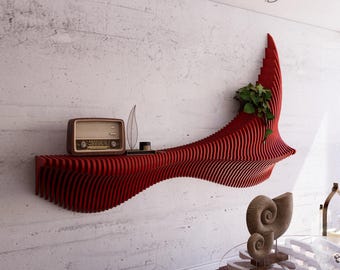 Rode parametrische plank, sculpturaal muurdecor, geometrisch mdf-statementmeubilair, aangepaste moderne muurkunst