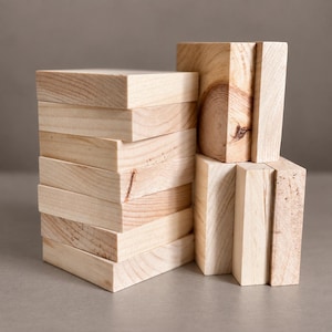 May include: A stack of seven rectangular light-colored wooden blocks arranged horizontally, positioned next to three vertical wooden blocks of varying widths. The natural wood grain is visible on all surfaces, showing light tan and beige tones.