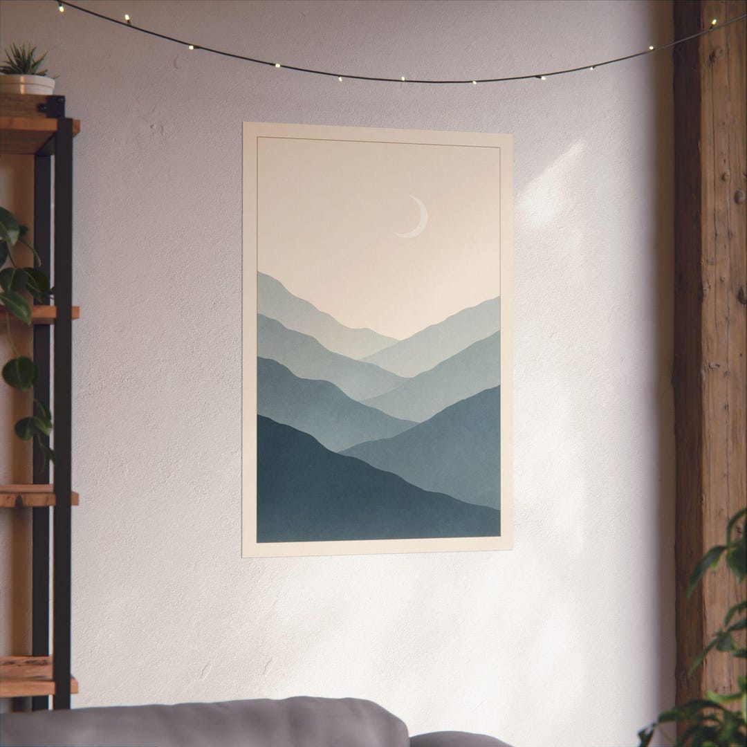 Minimalist Misty Mountains Poster | Crescent Moon Landscape Wall Art ...