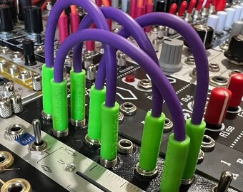 Two-Tone (Purple & Green) Slim Slimline Eurorack Patch Cables 3.5mm - Golden Shrimp Guild x Hive Mind Synthesis Stingers