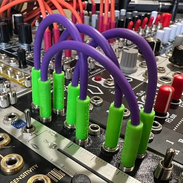 Two-Tone (Purple & Green) Slim Slimline Eurorack Patch Cables 3.5mm - Golden Shrimp Guild x Hive Mind Synthesis Stingers