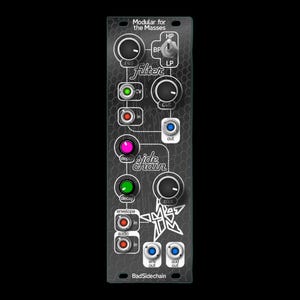 May include: A black modular synthesizer module with multiple knobs, buttons, and input/output jacks. The module has text that reads "Modular for the Masses", "filter", and "BadSidechain". The module has a honeycomb pattern.