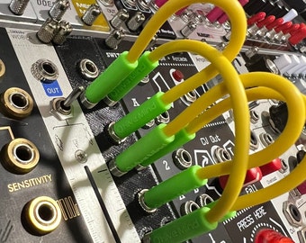 Two-Tone (Yellow & Green) Slim Slimline Eurorack Patch Cables 3.5mm - The KBRT x Golden Shrimp Guild x Hive Mind Synthesis Stingers