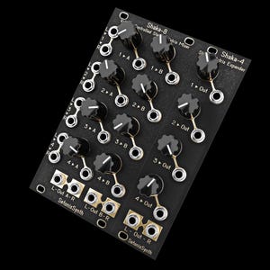 May include: A black modular synthesiser panel labelled Shaka-8 Voltage Controlled Stereo Matrix Mixer and Shaka-4 Stereo Matrix Expander by SetonixSynth. The unit features multiple black rotary knobs with white indicators and silver input output jacks.