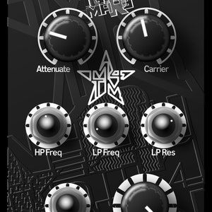 May include: Black and white electronic music device with knobs and labels. Features include "Attenuate," "Carrier," "HP Freq," "LP Freq," "LP Res," "Dry," "Wet," "FX Vol," "In," "CV1," "CV2," and "Out." The text "NyquistNightmare" is also visible.