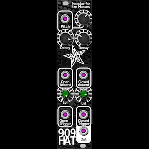 Op de afbeelding: Zwart modulair synthesizerpaneel met knoppen en tekst. Voorzien van "Pitch", "Decay", "Open Accent", "Closed Accent", "Lvl", "Open Trigger", "Closed Trigger" en "909 HAT". Het paneel heeft een getextureerd oppervlak en witte tekst.