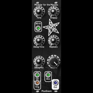 May include: Black electronic music module with knobs and buttons. The module has text that reads "Modular for the Masses", "Tone", "Snappy", "Delay Time", "Repeats", "DelayMix", "Volume", "CV", "Acc", "Trig", "Out", and "PlusSnare". A white star-shaped graphic is also present.