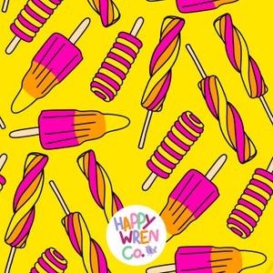 May include: A vibrant, repeating pattern of colorful popsicles on a bright yellow background. The popsicles feature pink, orange, and yellow hues, with wooden sticks. The image includes the text "HAPPY WREN Co."