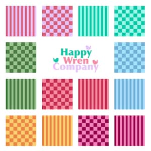 Puede incluir: Una colección de cuadrados estampados coloridos. Los patrones incluyen rayas verticales y diseños a cuadros en varios colores como rosa, verde, azul y naranja. El texto "Happy Wren Company" se muestra en el centro.