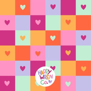 May include: A vibrant, square pattern with a grid of alternating pastel and bright squares. Each square features a heart shape in a contrasting colour. The design includes the text "HAPPY WREN Co."