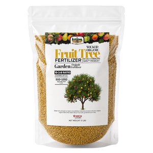 May include: A clear plastic stand-up pouch filled with tan granular fertilizer. The label features a fruit tree illustration, the text Wicked Organic Fruit Tree Fertilizer, a 10-2-8 ratio, coverage for 500-1000 square feet, and a net weight of 5 lbs.