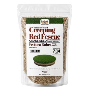 May include: A clear plastic bag containing 5 lbs of Wicked Tuff Turf Creeping Red Fescue grass seed. The label features the text Creeping Red Fescue, Festuca Rubra, Zones 3-8, and Germinates 7-14 Days, with an image of a circular patch of green grass.