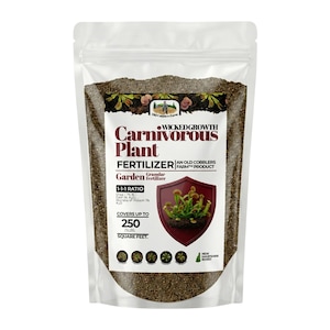 May include: A clear plastic bag filled with granular fertilizer for carnivorous plants. The bag features the text "Wicked Growth Carnivorous Plant Fertilizer" and a graphic of a Venus flytrap. It covers up to 250 square feet.
