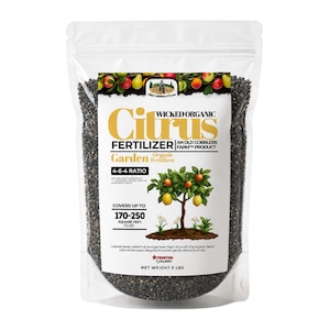 May include: A clear plastic pouch containing dark granular Wicked Organic Citrus Fertilizer with a net weight of 5 lbs. The label features a citrus tree illustration, the text 4-6-4 RATIO, and states it covers up to 170-250 square feet per 5 lbs.