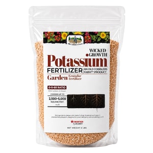 May include: A clear plastic bag filled with tan granular potassium fertilizer. The label reads Wicked Growth Potassium Fertilizer, 0-0-60 ratio, covers up to 2,500-5,000 square feet, and net weight 5 lbs, featuring an Old Cobblers Farm logo.