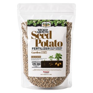 May include: A clear plastic stand-up pouch containing 5 lbs of Wicked Growth Seed Potato Fertilizer. The label features brown text, an 8-16-16 ratio, and a graphic showing potato plant growth stages. It covers 170-250 square feet for garden use.