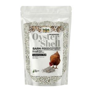 May include: A clear plastic bag filled with crushed oyster shells for barn feed. The bag features the text "Oyster Shell" and "Barn Feed" with a brown chicken eating the oyster shells. The product is a calcium supplement.