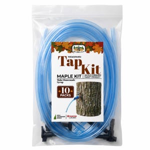 May include: A clear plastic bag containing a maple tap kit with blue tubing and black connectors. The label features the text WickedMaple Tap Kit, Maple Kit, Make Homemade Syrup, 10 Packs, New Hampshire Based, and Trusted by 25,000+.