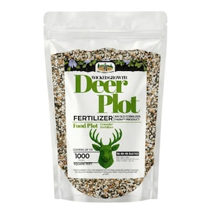 May include: A clear plastic bag of granular fertilizer for deer plots. The bag features the text "Wicked Growth Deer Plot Fertilizer" with a green deer graphic. It covers up to 1000 square feet and has a 19-19-19 ratio.
