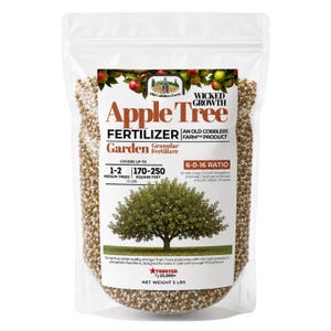May include: A 5 lb bag of Wicked Growth Apple Tree Fertilizer with a white label featuring an apple tree illustration, text detailing a 6-0-16 ratio, and usage instructions for 1-2 medium trees or 170-250 square feet of garden space.