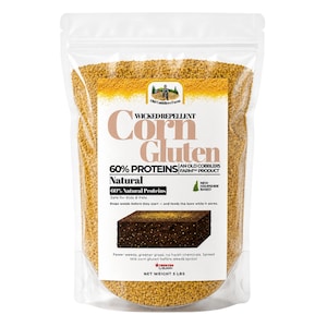 May include: A clear plastic stand-up pouch filled with golden-yellow corn gluten granules. The label features the text Wicked Repellent Corn Gluten, 60% Proteins, and Net Weight 5 lbs. It includes a graphic of a dark soil block and farm logo.