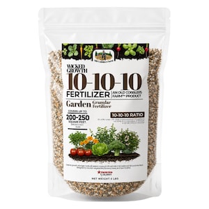 May include: A clear plastic bag of Wicked Growth 10-10-10 granular garden fertilizer. The label features the Old Cobblers Farm logo, text stating it covers 200-250 square feet, a 10-10-10 ratio breakdown, and a net weight of 5 lbs.