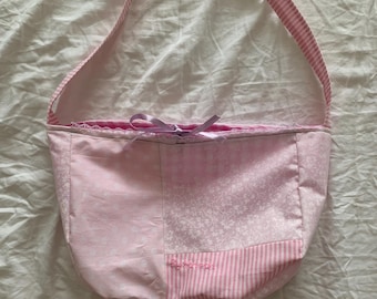 Handmade Pink Patchwork Tote Bag | Whimsical Ditsy Floral & Stripe Shoulder Bag | Cottagecore Aesthetic Purse with Bow
