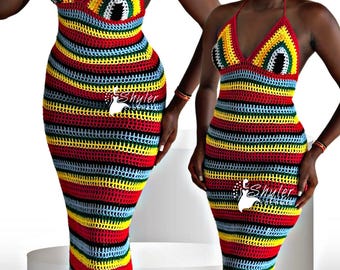 Gehaakte veelkleurige zomerjurk van mesh met strepen (pdf-download)