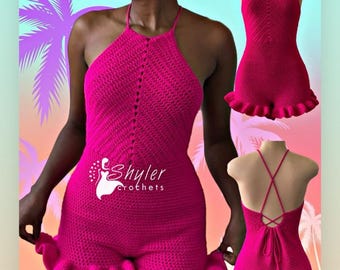 Crochet halter romper with ruffles