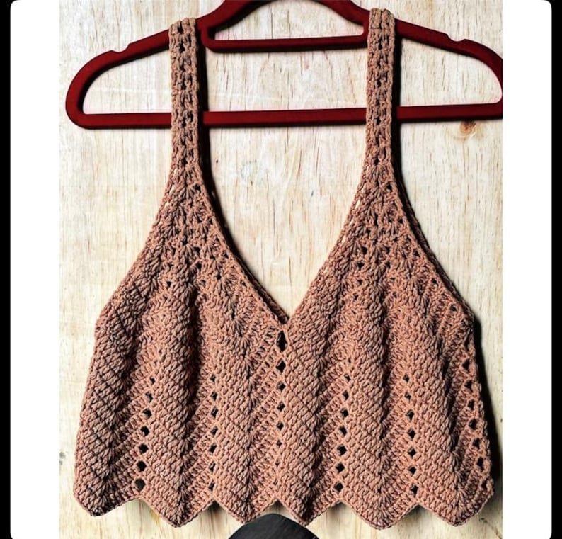May include: A brown crochet top with a V-neck design and scalloped hemline. The top is displayed on a red hanger against a light wood background. The crochet pattern features a diamond-like design.