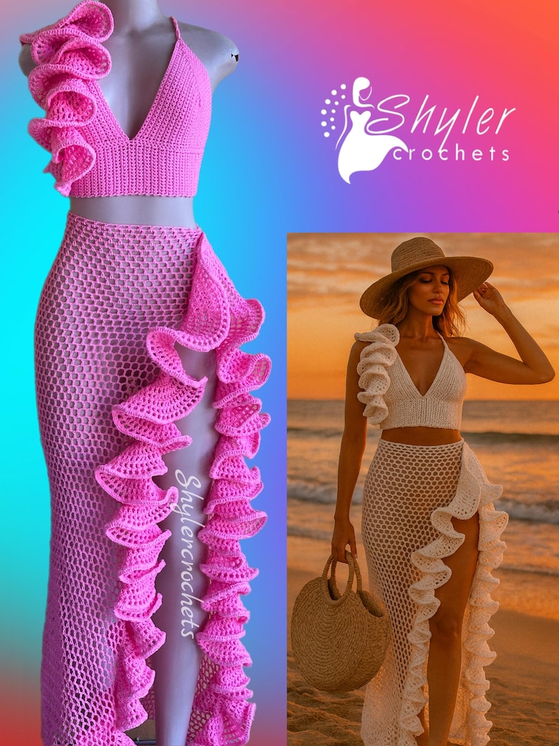 May include: A two-piece crochet outfit in bright pink. The top is a halter-style with a V-neck, and the skirt is a high-waisted, floor-length design with a side slit and ruffle detail. The brand name "Shyler Crochets" is visible.