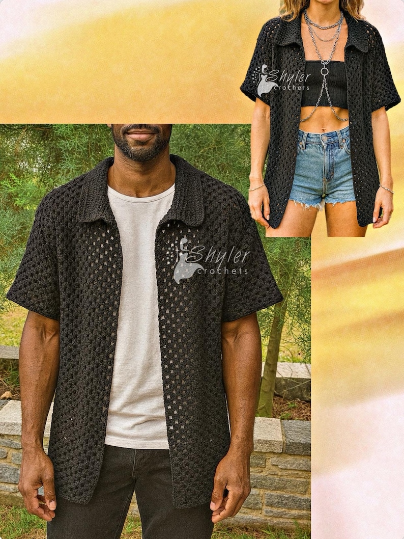 Puede incluir: Camisa negra de crochet con mangas cortas y cuello. La camisa est&aacute; abierta por delante, revelando una camiseta interior blanca. La imagen incluye el texto "Shyler Crochets".